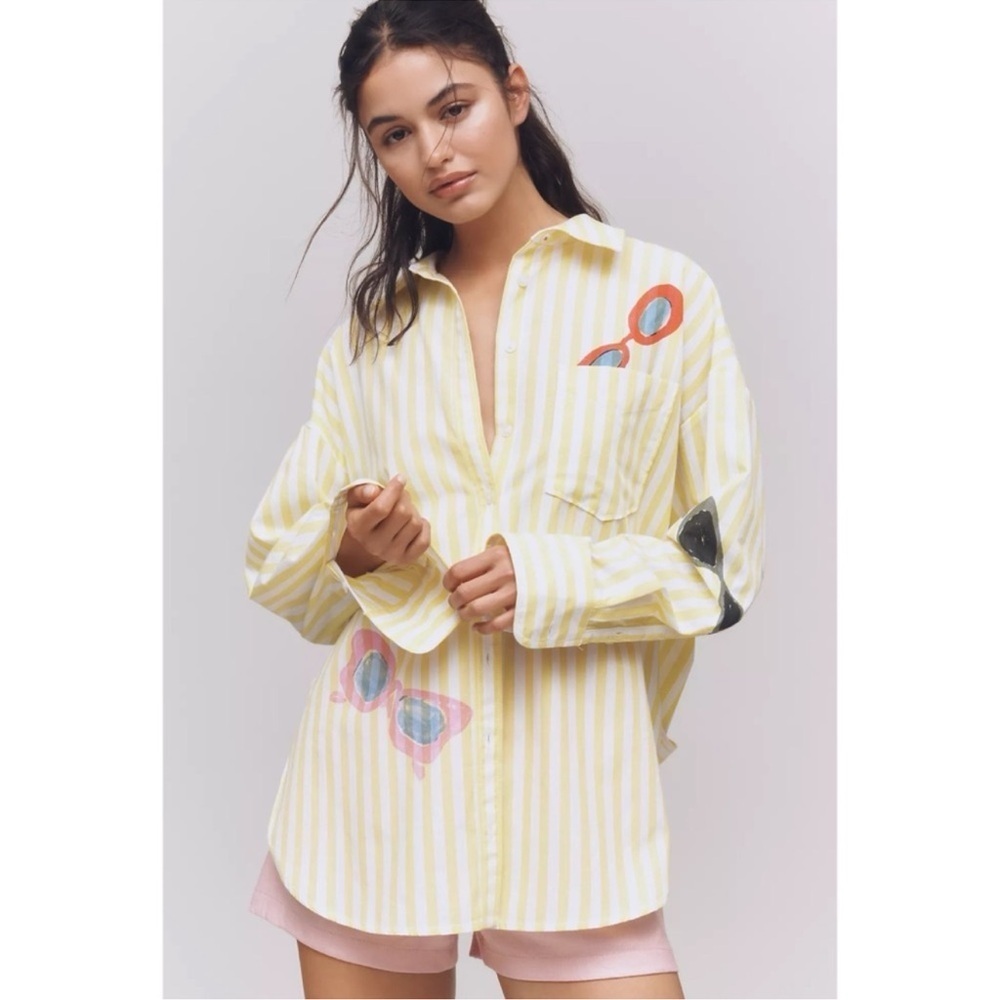 Anthropologie Maeve Bennet Button Down Shirt Novelty Striped Sunglasses Medium